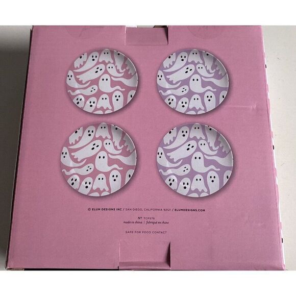 Set Of 4 Elum Home Halloween PINK & PURPLE Ghosts Ceramic Appetizer Plates 7.5” - Picture 2 of 9